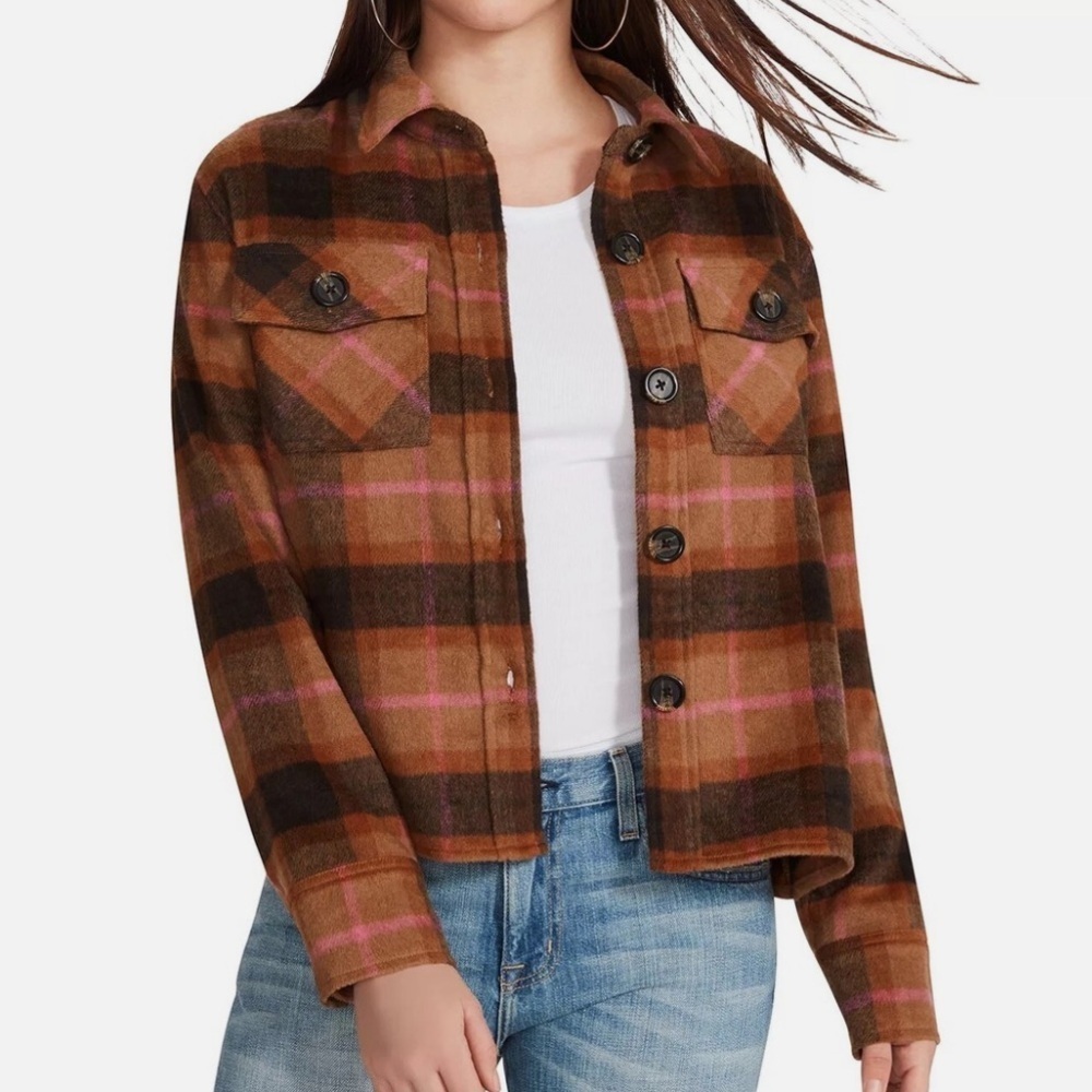BB Dakota Steve Madden Brown and Pink Plaid Large Flannel Jacket